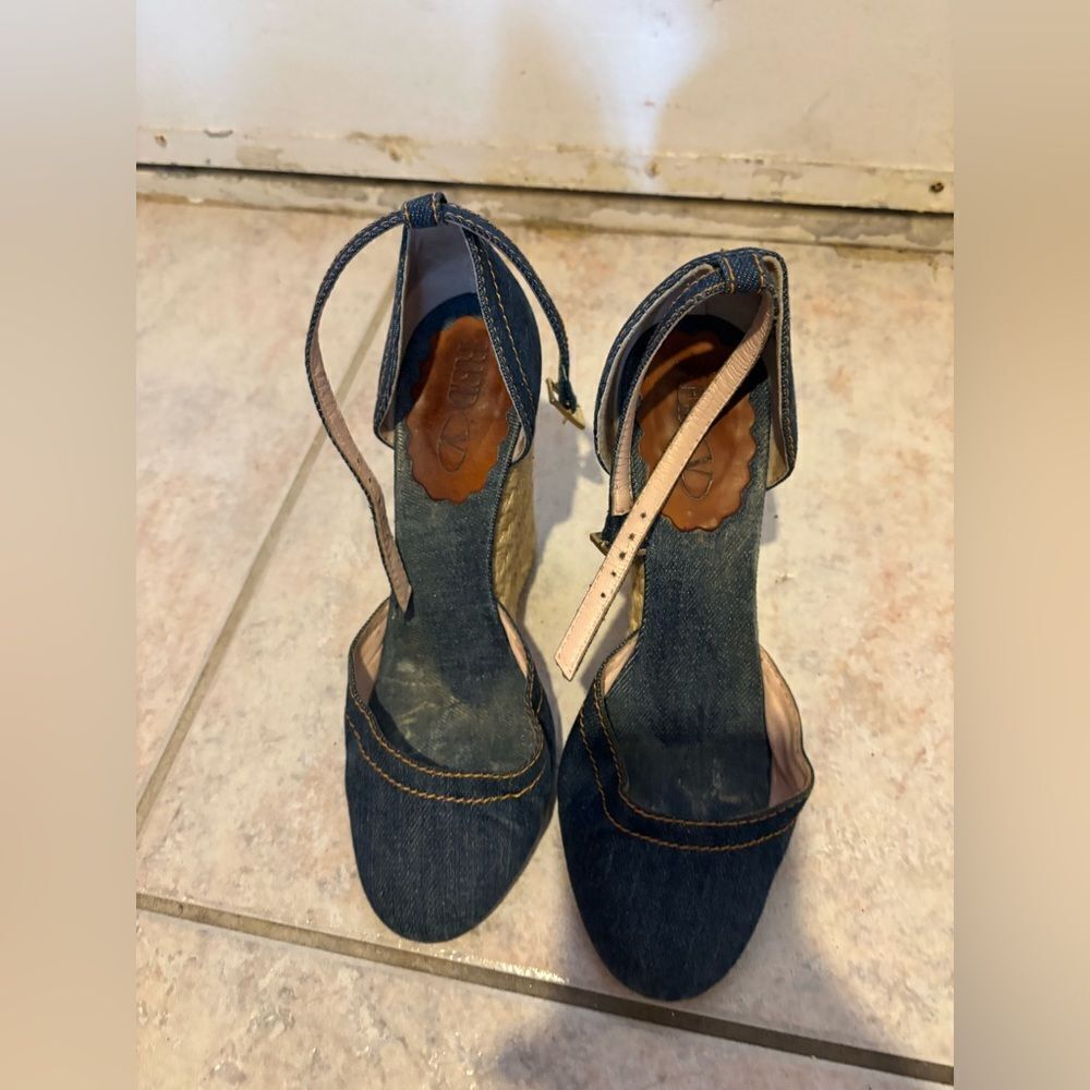 Red valentino sandals blue jean heels cloth wedges denim dress shoes platform